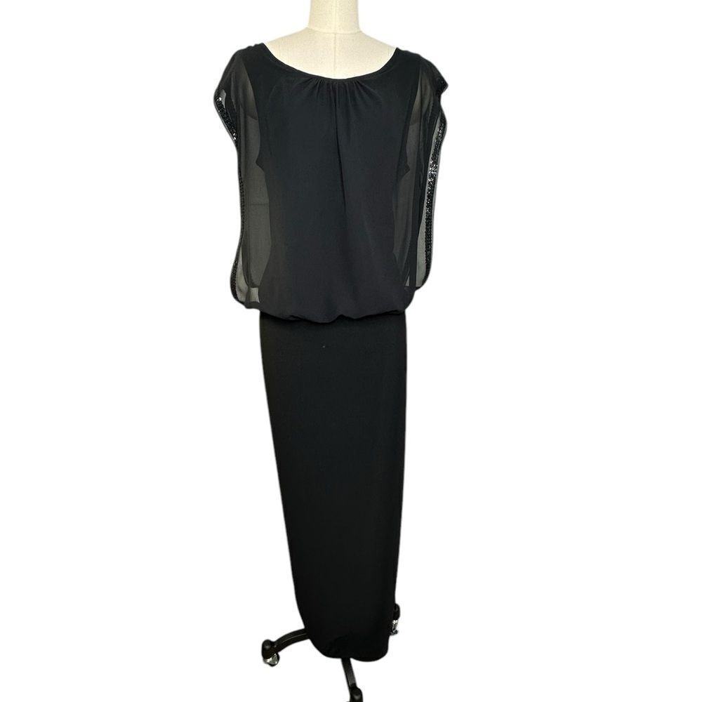 Betsy & Adam Black Chiffon Sequined Column Maxi Formal Dress | 12